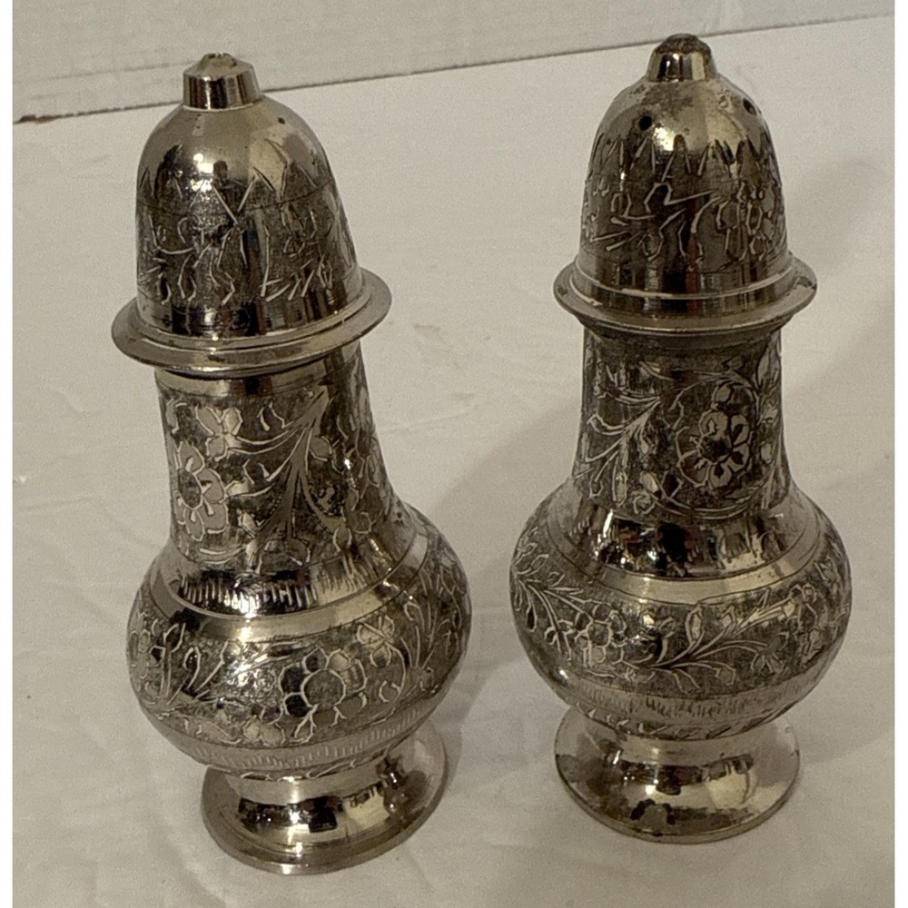 Vintage Etched Silver Plated 4" Tall Salt and Pepper Shaker Set-Made In India